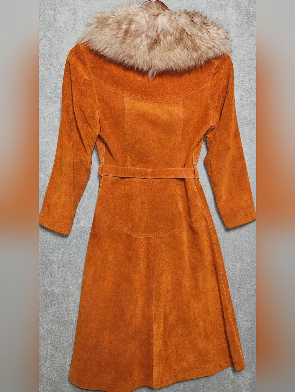 Vintage 70s Penny Lane Coat Shearling Collar Burnt Orange Suede Trench Jacket S - Picture 3 of 8